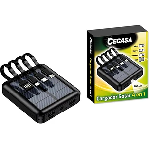 Cegasa Powerbank Solar 4 en 1 5000mAh - Salidas USB-C, Lighting, USB-A, Micro USB - Con Linterna - Color Negro