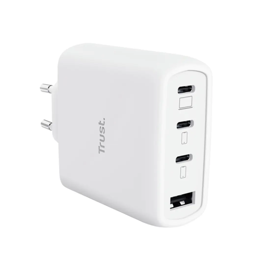 Trust Maxo Cargador de Pared - 65W - GaN - 3xUSB-C - USB-A - Cable USB-C de 2m - Power Delivery - Plastico Reciclado - 30x63x97mm - Color Blanco 1