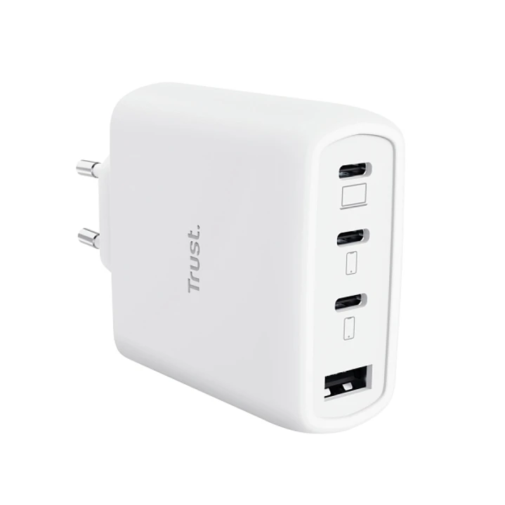 Trust Maxo Cargador de Pared - 65W - GaN - 3xUSB-C - USB-A - Cable USB-C de 2m - Power Delivery - Plastico Reciclado - 30x63x97mm - Color Blanco 1
