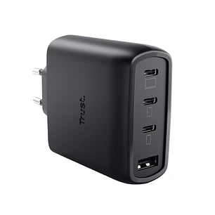 Trust Maxo Cargador de Pared - 65W - GaN - 3xUSB-C - USB-A - Cable USB-C de 2m - Power Delivery - Plastico Reciclado - 30x63x97mm - Color Negro