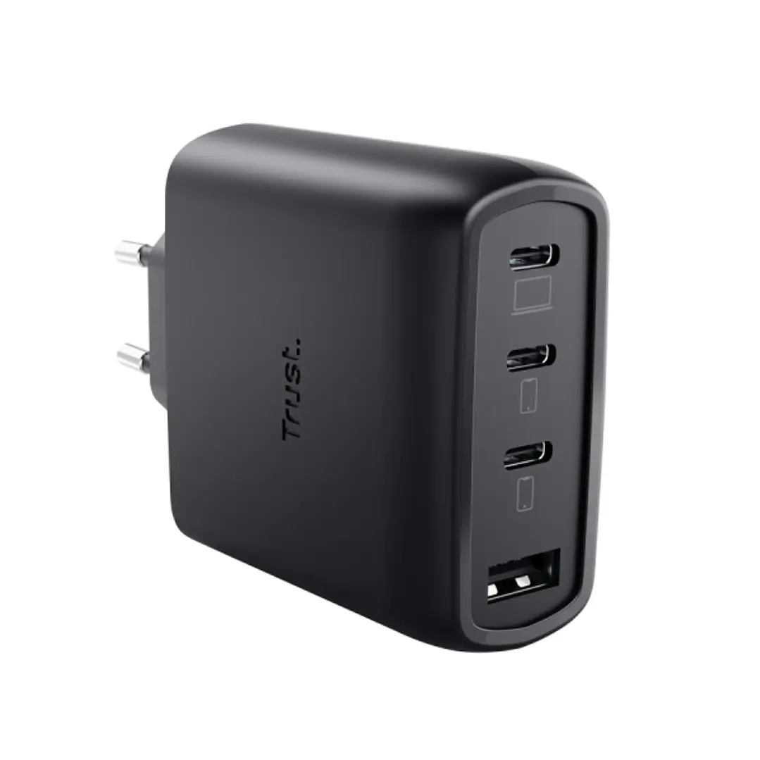 Trust Maxo Cargador de Pared - 65W - GaN - 3xUSB-C - USB-A - Cable USB-C de 2m - Power Delivery - Plastico Reciclado - 30x63x97mm - Color Negro 1