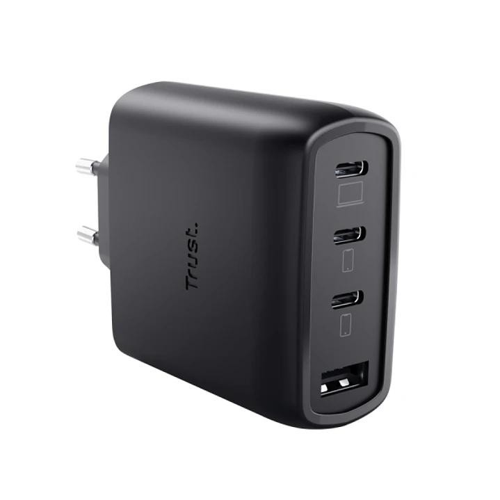 Trust Maxo Cargador de Pared - 65W - GaN - 3xUSB-C - USB-A - Cable USB-C de 2m - Power Delivery - Plastico Reciclado - 30x63x97mm - Color Negro 1