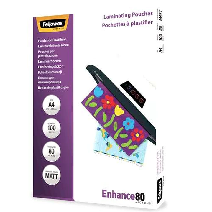 Fellowes Pack de 100 Fundas para Plastificar Mate A4 - 80 Micras - Alta Calidad - Transparente 1
