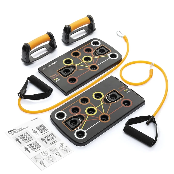 Innovagoods Pulsher Set de Entrenamiento con Bandas de Resistencia - Guia de Ejercicios - Desmontable - Antideslizante - Soporta hasta 100kg - 67x19x2 1