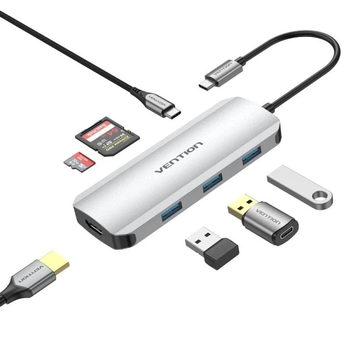 Vention Docking Station 7 en 1 USB-C a HDMI 4K/3xUSB3.0/SD/TF/PD100W - 0.15m - Color Gris 1