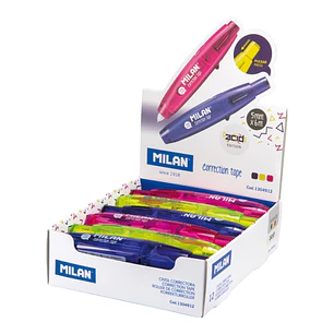 Milan Acid Expositor con 12 Cintas Correctoras con Pulsador 5mm x 6m - Colores Surtidos