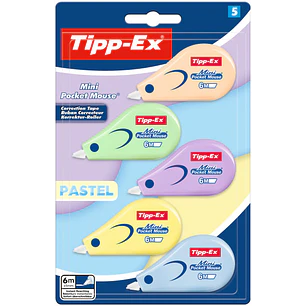 Tipp-Ex Mini Pocket Mouse Pastel Pack con 5 Cintas Correctoras 5mm x 6m - Resistente - Escritura Instantanea