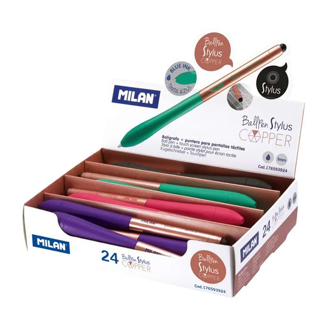 Milan Stylus Copper Expositor de 24 Boligrafos de Bola Retractiles - Punta 1mm - Puntero para Pantalla Tactil - Cuerpo de Colores Surtidos - Color de  1