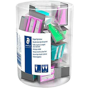 Staedtler Expositor con 18 Sacapuntas de Plastico - 2 Agujeros - Angulo de Afilado 23° y 30° - Colores Surtidos
