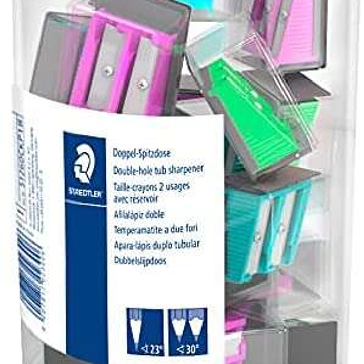 Staedtler Expositor con 18 Sacapuntas de Plastico - 2 Agujeros - Angulo de Afilado 23° y 30° - Colores Surtidos 1