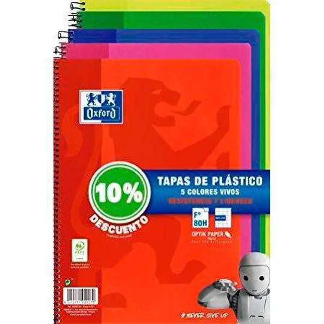 Oxford Classic Pack de 5 Cuadernos Espiral Formato Folio Cuadriculado 4x4mm - 80 Hojas - Tapa de Plastico - Colores Vivos Surtidos 1