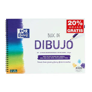 Oxford Bloc de Dibujo Escolar Espiral Formato A4+ con Reacuadro - 20 Hojas Microperforadas 130gr Color natural - Papel de Superfície Rugosa
