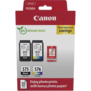 Canon PG575/CL576 Pack de 2 Cartuchos de Tinta Originales + 50 Hojas de Papel Fotografico - 5438C004
