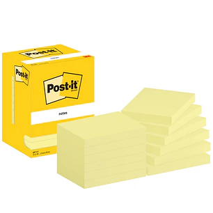 Post-It Pack de 12 Blocs de 100 Notas Adhesivas Reposicionables - Forma Rectangular - 76x102mm - Color Amarillo Claro