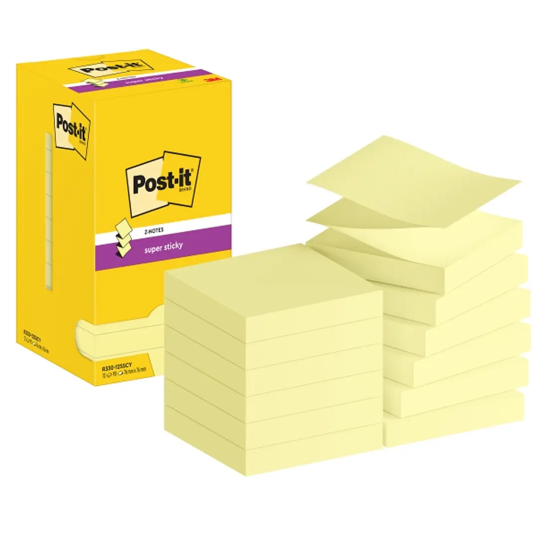 Post-It Super Sticky Pack de 12 Blocs de 90 Notas Adhesivas Reposicionables Zig-Zag 76x76mm - Forma Cuadrada - Color Amarillo Claro 1