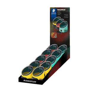 Staedtler Norix Expositor de 10 Sacapuntas con Deposito - 1 Agujero para Lapices de hasta Ø 8,2mm - Colores Surtidos