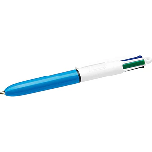 Bic 4 Colours Mini Boligrafo de Bola Retractil - Punta Media de 1mm - Trazo de 0.4mm - Tinta con Base de Aceite - Cuerpo Blanco/Azul - 4 Colores