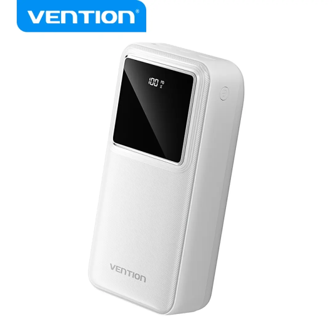 Vention Powerbank 30000mAh - Carga Rapida 22.5W - USB-C/USB-A/Micro-USB - Pantalla LED - Ligero y Seguro - Color Blanco 1