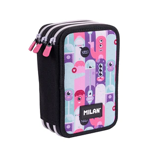 Milan Aliens 2 Plumier de 3 Pisos con Goma de Borrar - Sacapuntas - Lapiz - 3 Boligrafos - Regla - 12 Lapices de Colores - 6 Lapices de Colores Metali