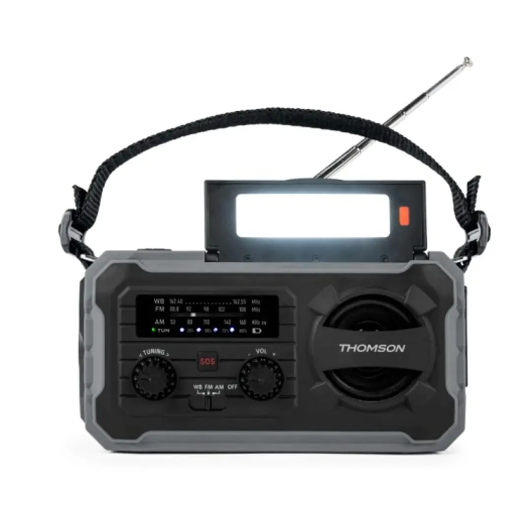Thomson Radio Solar Portatil SOS - AM/FM - Bateria de 8000mAh - Linterna de Emergencia - 3 Modos de Carga - Funcion Powerbank - Color Gris 1