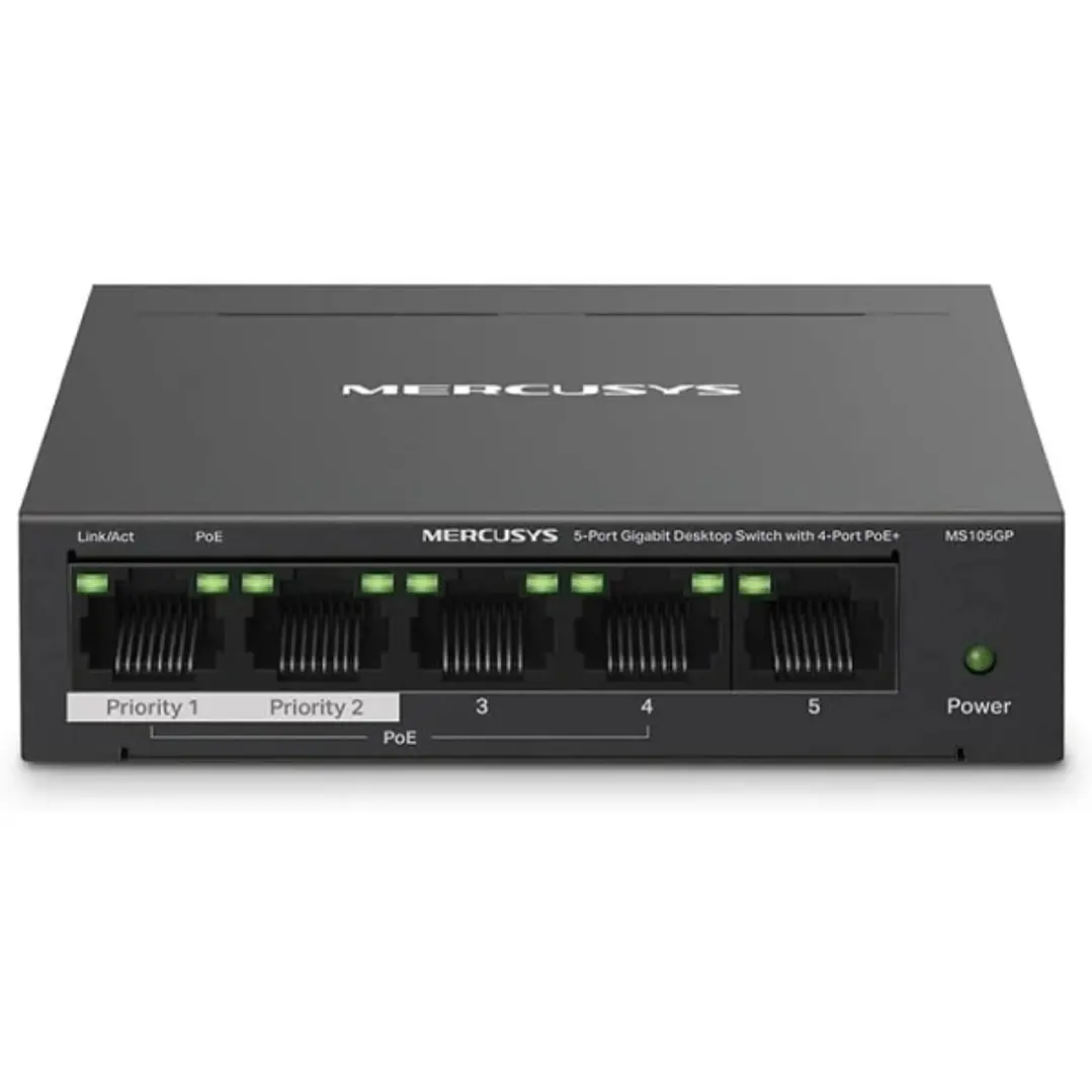 Mercusys Switch 5 Puertos Gigabit RJ45 10/100/1000Mbps - 4 Puertos PoE - Diseño Compacto - Plug & Play - Carcasa de Metal 1