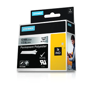 Dymo Rhino ID1-12 Cinta de Etiquetas Original para Rotuladora - Texto Negro sobre Fondo Plata - Ancho 12mm x 5.5 metros - 18486