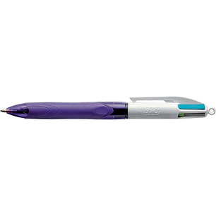 Bic 4 Colours Grip Fashion Boligrafo Retractil con Grip - Punta Media de 1mm - Trazo de 0.4mm - Tinta con Base de Aceite - Cuerpo Blanco/Morado Transp