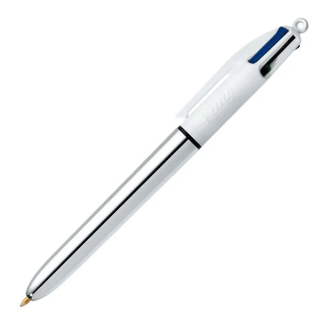 Bic 4 Colours Shine Boligrafo de Bola Retractil - Punta de 1mm - Trazo de 0.4mm - Tinta con Base de Aceite - Cuerpo Plata/Blanco - 4 Colores 1
