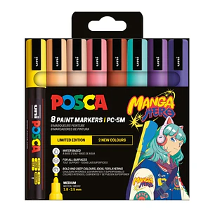 Posca Manga Hero Edicion Limitada PC-5M Pack con 8 Marcadores de Pintura - Punta de Bala 1.8-2.5mm - Tinta Base al Agua - Resistente a la Luz - No Per