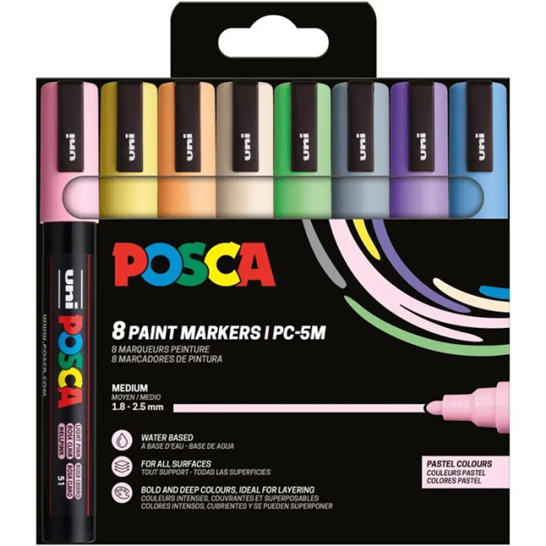 Posca PC-5M/8C Estuche de 8 Marcadores de Pintura - Punta de Bala 1.8-2.5mm - Tinta Base al Agua - Resistente a la Luz - No Permanente - Colores Paste 1