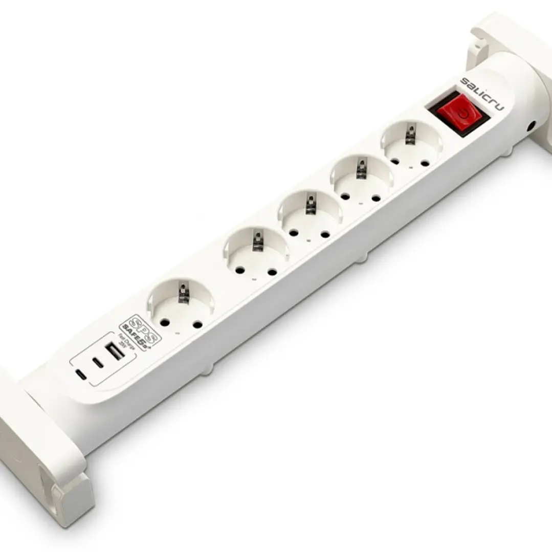 Salicru Regleta SPS SAFE 5S+ Protectores Electricos Activos de Ultima Generacion - 5 Tomas Schuko - 1xUSB-A, 2xUSB-C - Color Blanco 1