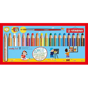 Stabilo Woody 3 en 1 Pack de 18 Lapices de Colores + Sacapuntas + Pincel Nº 8 - Lapiz de Color, Cera y Acuarela, Todo en Uno - Mina XXL 10mm - Colores