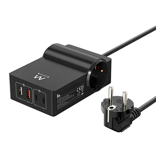 Ewent Cargador USB con 2 Tomas de Corriente Tipo Schuko 16A - 65W GaN - 2x USB-A - 2x USB-C - Cable de 1.5m - Proteccion Infantil - Proteccion contra 