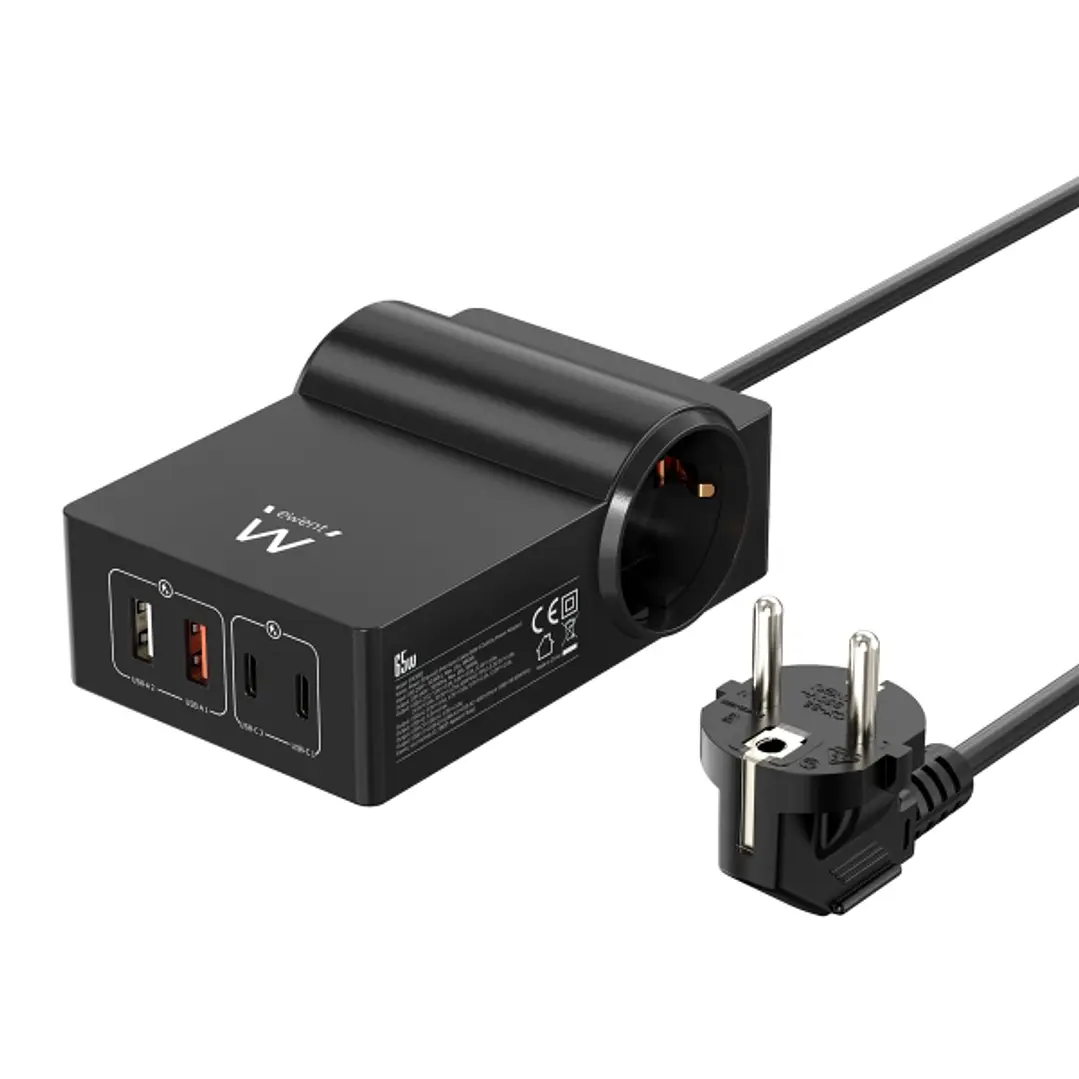 Ewent Cargador USB con 2 Tomas de Corriente Tipo Schuko 16A - 65W GaN - 2x USB-A - 2x USB-C - Cable de 1.5m - Proteccion Infantil - Proteccion contra  1