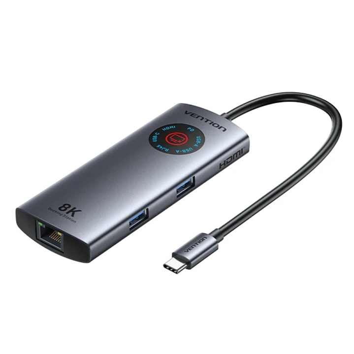 Vention Estacion de Docking 6 en 1 - 100W - Cable USB-C de 15cm Integrado - Pantalla LED - Ethernet RJ45 - 2xUSB-C - 2xUSB-A - HDMI 8K - Power Deliver 1