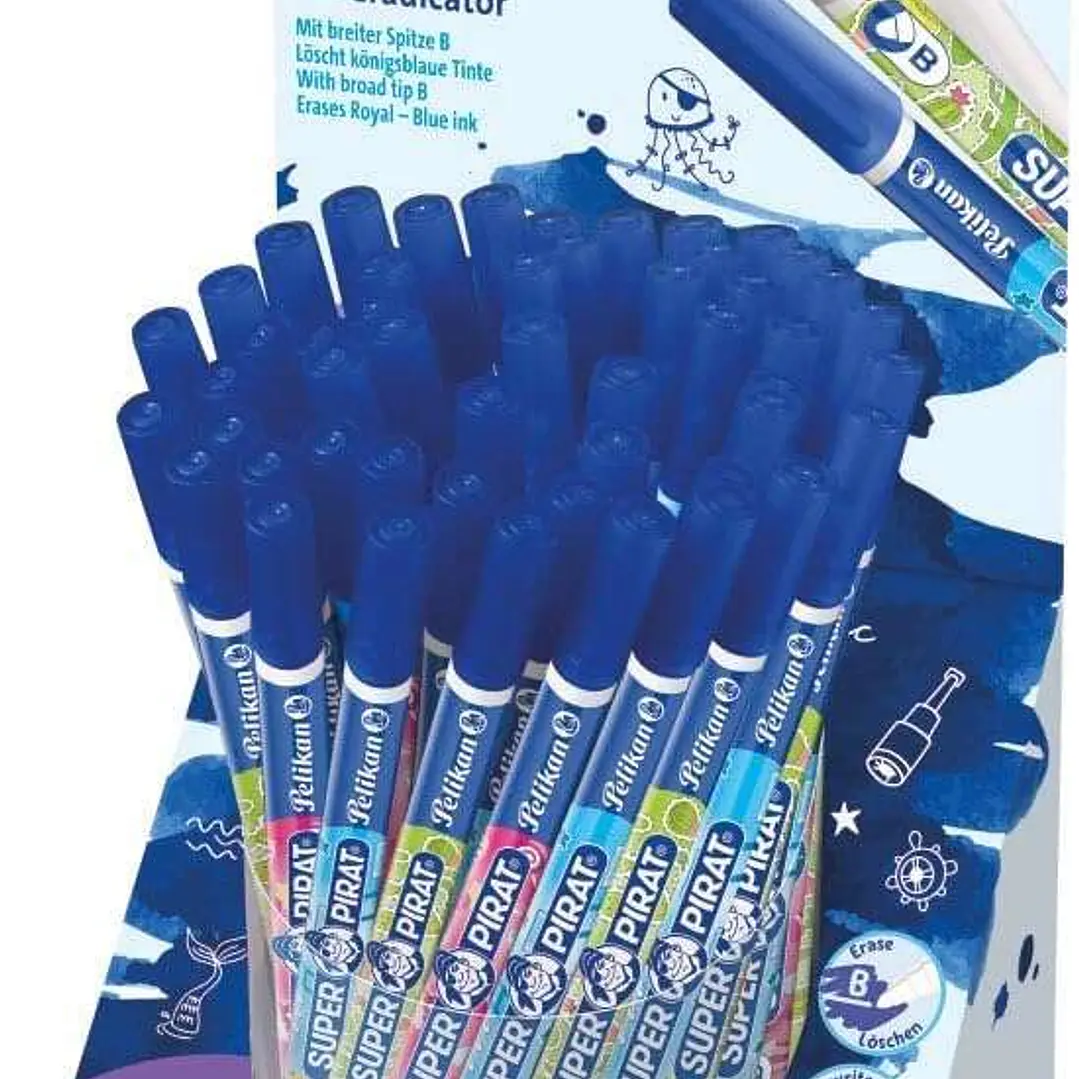Pelikan Expositor de 50 Boligrafos Super Pirat 850 B - Borratinta de Pluma Estilografica y Roller - Punta Blanca y Reescribe - Punta M en Forma de Cin 1