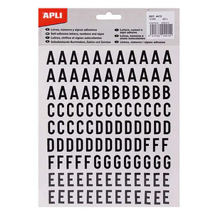 Apli Letras Adhesivas de Palo Mayusculas - Altura 15mm - Pack de 4 Hojas con 468 Letras - Color Negro