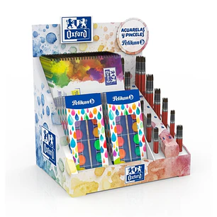 Oxford Expositor con 10 Blocs de Acuarela A4 - Expositor con 10 Estuches de Acuarela F355 - Pinceles de Diferentes Formatos - Colores Surtidos