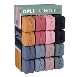 Apli Up North Expositor de 16 Estuches de Silicona Rectangular - Cremallera Repelente al Agua - Medidas 75x185x55mm - Colores Surtidos