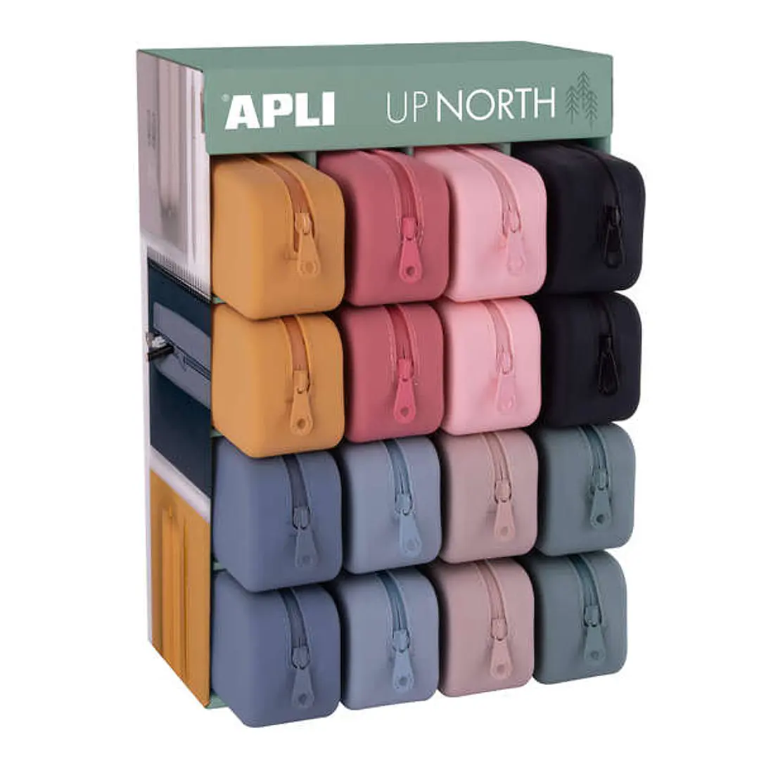 Apli Up North Expositor de 16 Estuches de Silicona Rectangular - Cremallera Repelente al Agua - Medidas 75x185x55mm - Colores Surtidos 1