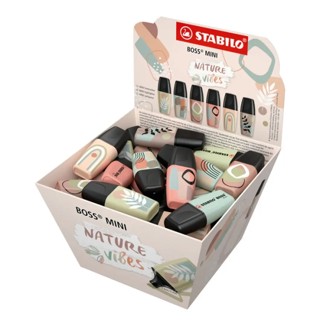 Stabilo Boss Mini Naturevibes Expositor con 50 Marcadores Fluorescentes - Trazo entre 2 y 5mm - Tinta con Base de Agua - Antisecado - Colores Surtidos 1