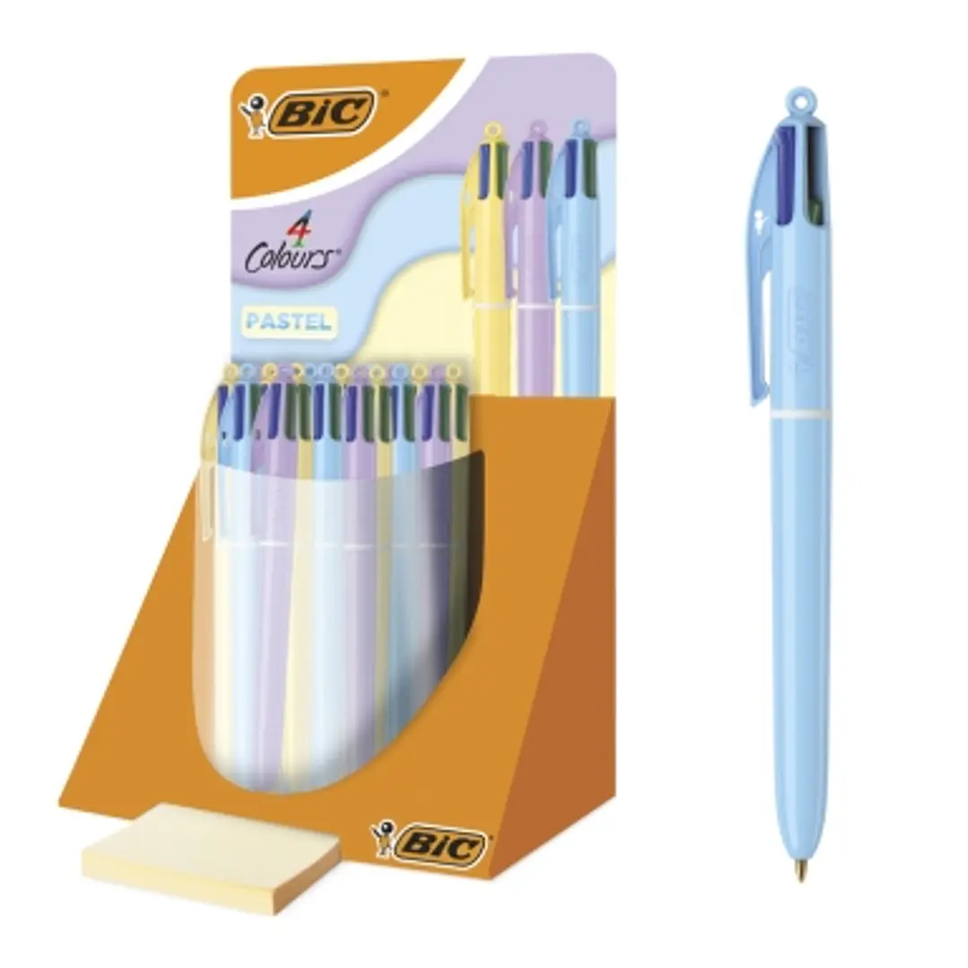 Bic 4 Colours Pastel Expositor con 30 Boligrafos de Bola Retractil - Punta Media de 1.0mm - Tinta con Base de Aceite - Cuerpo en Colores Pastel - 4 Co 1