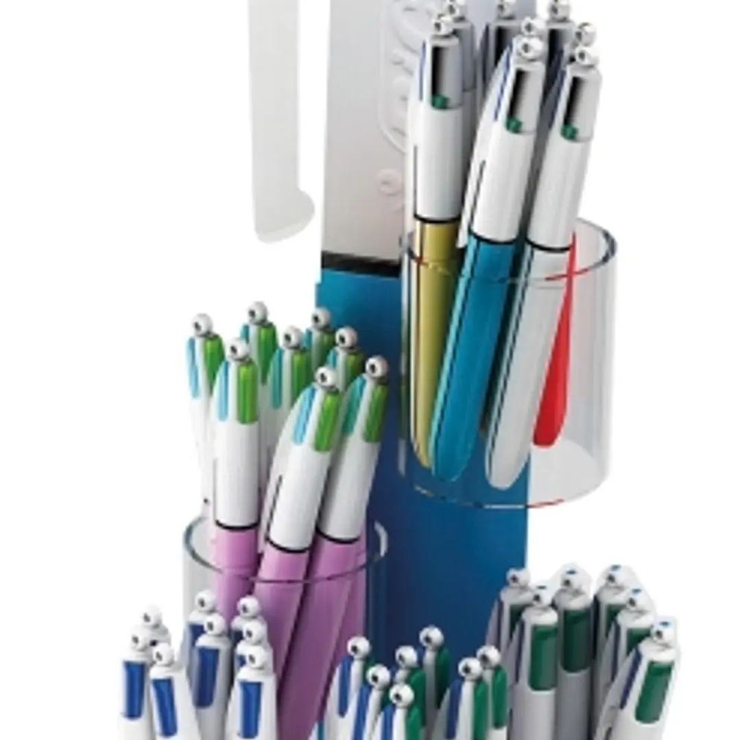 Bic 4 Colours Expositor de 60 Boligrafos de Bola Retractiles + 100 Boligrafos Bic Cristal Azul de Regalo - Punta Media de 1.0mm - Tinta con Base de Ac 1