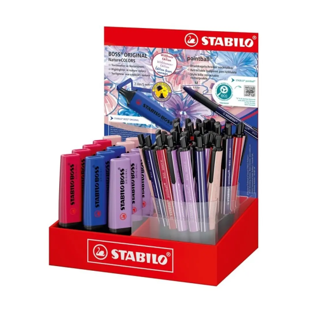 Stabilo Boss Naturecolors Wildflower Expositor con 15 Marcadores Boss + 38 Boligrafos Pointball -Tinta de los Boligrafos Azul - Colores Surtidos 1