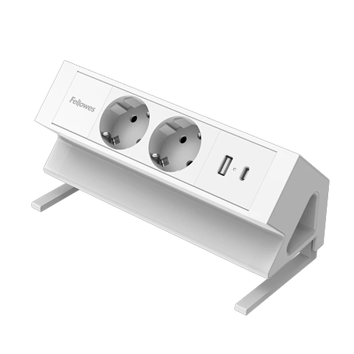 Fellowes Regleta de Sobremesa de 2 Tomas - USB-A - USB-C - Cable 2m - Abrazadera para Escritorios de 10 a 45mm - 19.64x9.7x8.75cm - Color Blanco 1