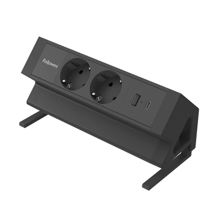 Fellowes Regleta de Sobremesa de 2 Tomas - USB-A - USB-C - Cable 2m - Abrazadera para Escritorios de 10 a 45mm - 8.75x19.64x9.7cm - Color Negro 1