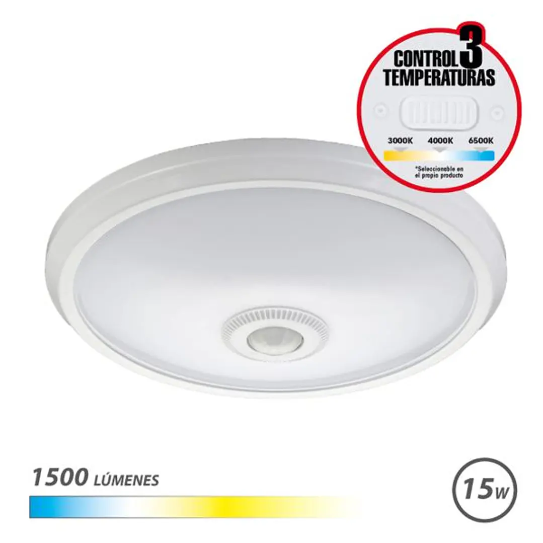 Elbat Aplique de Superficie LED 15W - 1500Lm - Selector 3 Temperaturas - Sensor de Luz Ambiental - Temporizador - Color Blanco 1
