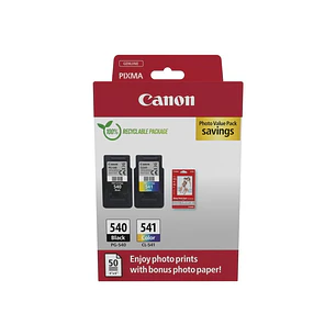 Canon PG540 Negro + CL541 Color Pack de 2 Cartuchos de Tinta Originales + 50 Hojas de Papel Fotografico - 5225B013