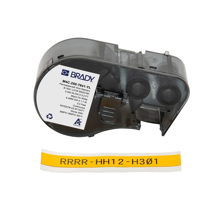Brady M4C-250-7641-YL Cinta Termorretractil de Etiquetas - Texto Negro sobre Fondo Amarillo - Ancho 11.15mm x Largo 1.68m 1