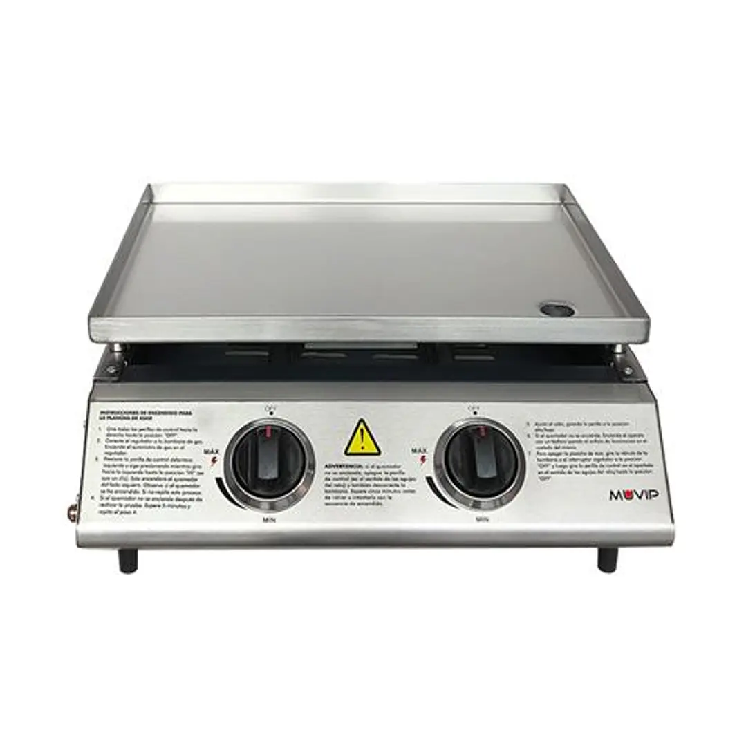 Muvip Plancha de Asar de Gas - 2 Quemadores - Panel de Control y Plancha de Acero - Bandeja Recoge Grasas - Llama Regulable - Superficie Antiadherente 1